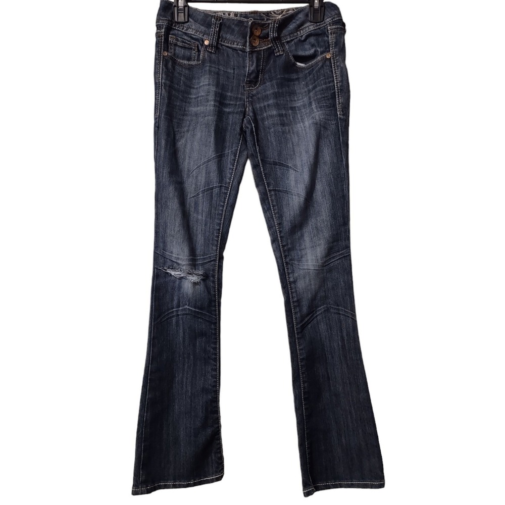 Refuge Knock Out Skinny Boot Jeans Womans Size 0S Distressed Stretch Embroidered